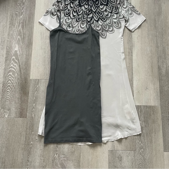 BCBGMaxAzria Tina Silk Feather Print Shift Dress with Slip Mini Gray Taupe - Picture 11 of 14